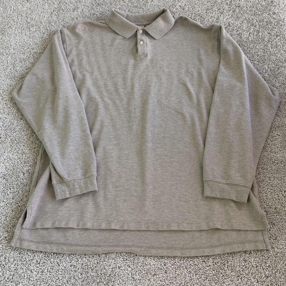 L.L. Bean Polo Shirt Mens XLT Beige Solid Cotton Jersey Long Sleeve Casual